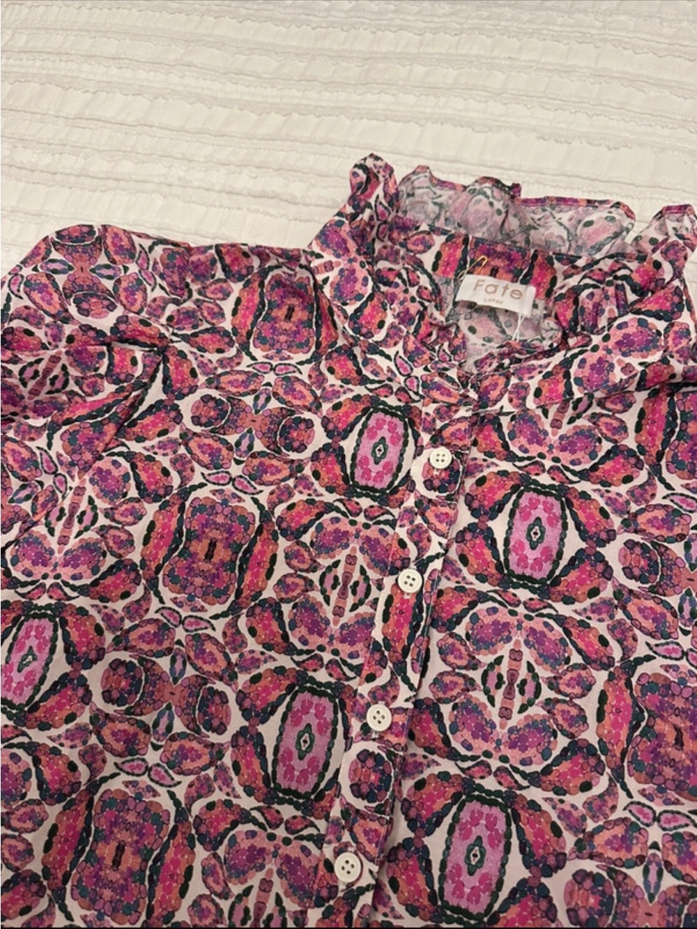 Fate Pink Patterned Ruffle-Collar Button-Down Shirt - Picture 2 of 4